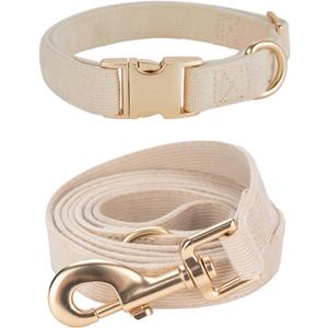 Soft Corduroy Dog Collar and Leash Set Adjustable Durable Wedding Dog Collars with Metal Buckle and Lead for Small Dogs,Beige