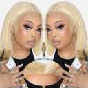EAGERA Blonde Bob Glueless Wig Human Hair Pre Plucked Pre Cut 14 Inch 7x5 Blonde HD Lace Closure Wig 613 Pre Bleached Wear and Go Wig Short 613 Bob Glueless Wig Human Hair 200% Density for Women