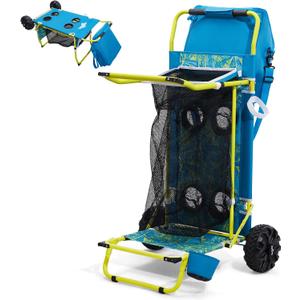 2-in-1 Beach Cart with Big Wheels for Sand, Folding Utility Wagon with Chair Holder, Cooler Bag, Mesh Storage, 4 Cup Holders, Umbrella Rack, Supports 100 lbs for Beach Camping Shopping, Palm Print