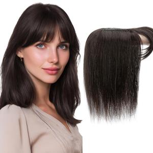 Hair Toppers for Women Real Human Hair 12 Inch Long Straight Toppers for Women with Thinning 7 * 13CM Silk Base Clip in Hairpieces with Bangs (Natural Black)