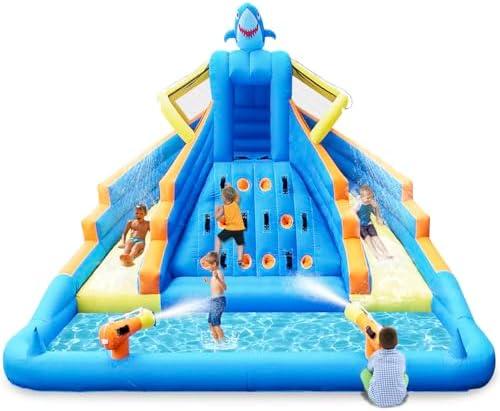 Inflatable Water Slide, 13FT Shark-Themed Large Bounce House with Dual Slides, Climbing Wall, Deep Pool, Water Cannon, 680W Blower, Storage Bag, Backyard Blow Up Water Park for Kids Aged 3–10
