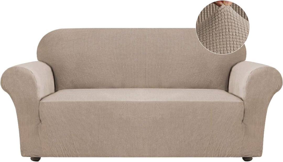 Stretch Sofa Slipcover Couch Cover Sofa Covers for 3 Cushion Couch 1 Piece Sofa Slipcover for Living Room with Jacquard Fabric and Elastic Bottom Pet Furniture Protector (Sofa, Khaki)