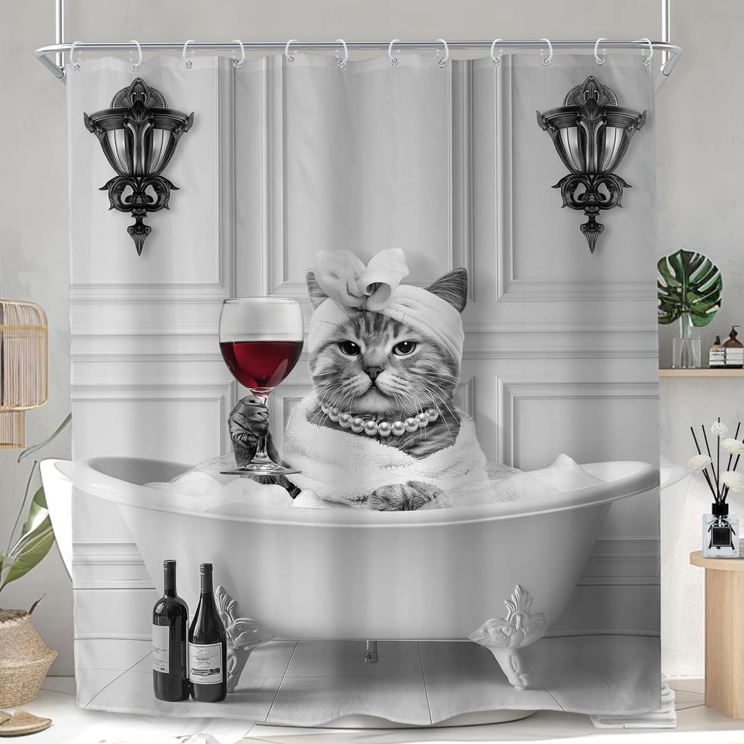 SVBright Funny Cat Shower Curtain 60Wx72L Inch Cute Animal in Bathtub Fun Lovely Bubble Kitten Kid Vintage Gray Grey Pearl Red Wine 12 Pack Hooks Polyester Waterproof Fabric Bathroom Bathtub Panels