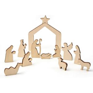 13 Pcs Wooden Nativity Scene Set Figures,Holy Family with Wooden Arched Stable and Figurines Including Baby Jesus, Mary, Joseph and More, Wood Religious Collections for Indoor Home Tabletop Decor