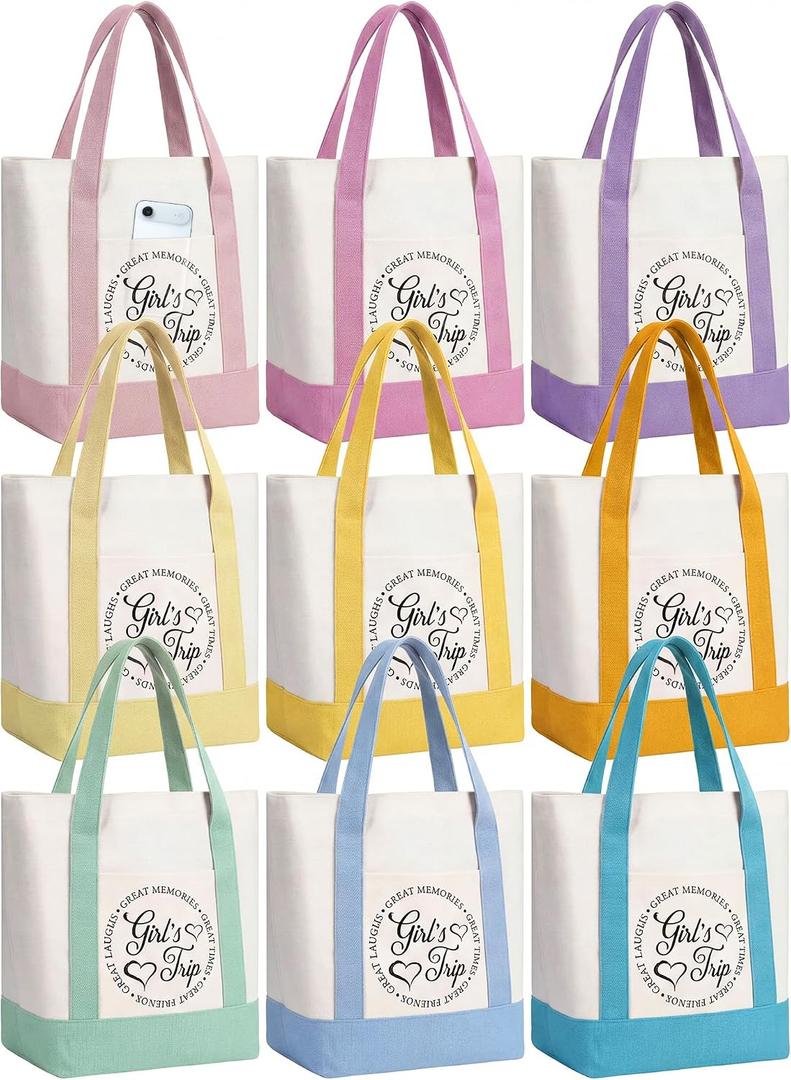 Sadnyy 6pcs/9pcs Girls Trip Gifts for Women Girls Weekend Trip Gifts Mini Canvas Tote Bag Cosmetic Pouch Favor 13" x 11" x 6"