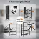 Himix Storage Shelves with 20 Hooks, 4-Tier Foldable Shelves for Storage, Folding Shelf Unit Pantry Shelves with Wheels, Metal Shelving Storage Rack Shelf for Kitchen Garage Home, Black - No Assembly