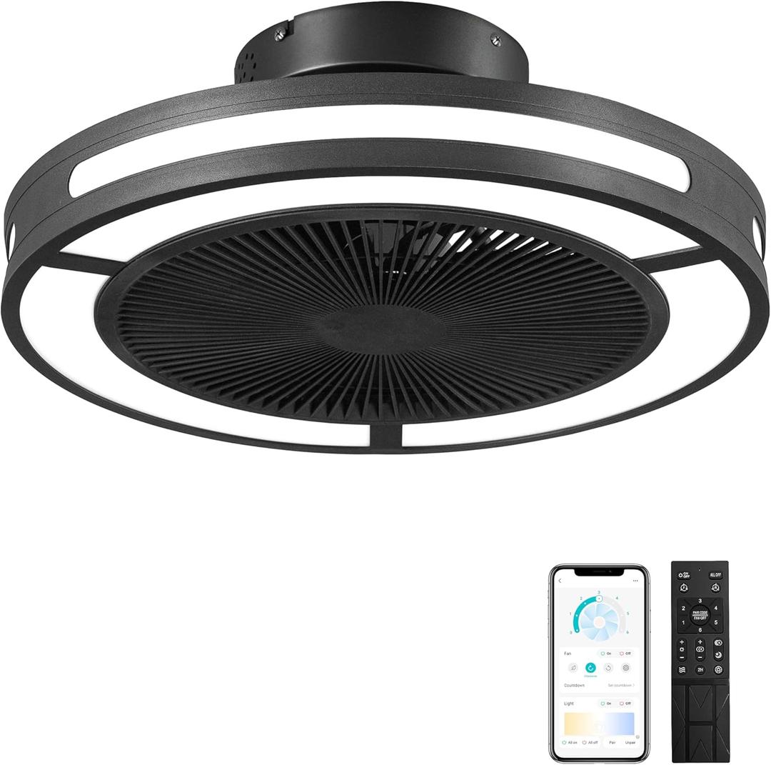 Ohniyou Enclosed Ceiling Fan with Lights,19" Bladeless Ceiling Fan with Lights and Remote, Low Profile Ceiling Fan with Dimmable Led Night Light, Flush Mount Ceiling Fan for Bedroom, Living Room