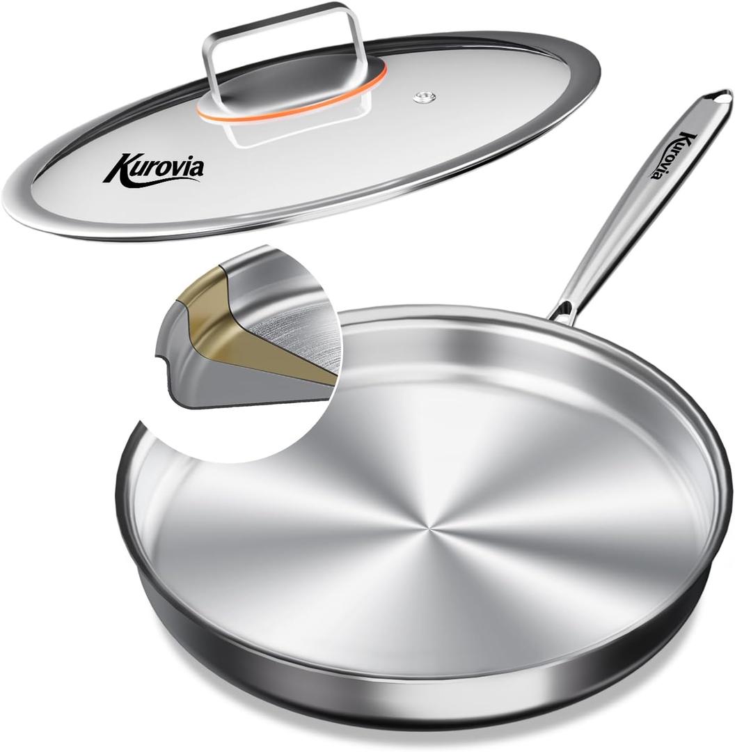 Tri-Ply Stainless Steel Frying Pan, Compatible with All Cooktops Up to 600, Large Frying Pan with lids, Induction-Ready Skillet, Dishwasher and Oven Safe, Even Heat (12.4 Inch)