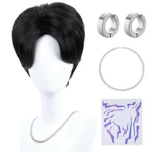 morvally Short Natural Looking Synthetic Hair Mens Wig with Ear Clips, Necklace and Tattoos for Anime Costume, Cosplay, Halloween Party (Black, Adults Head)