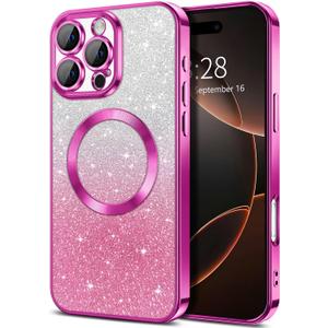 Hython for iPhone 16 Pro Max Case Clear Magnetic Glitter Phone Cases [Compatible with MagSafe] Full Camera Lens Protector Slim Gradient Sparkle Luxury Plating Shockproof Protective Cover, Hot Pink