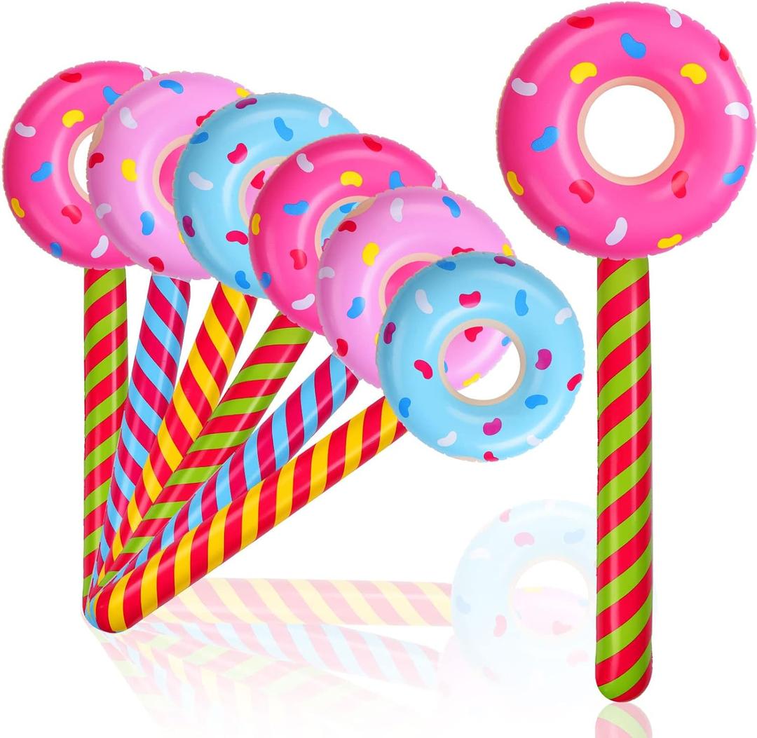 Civaner 6 Pcs Inflatable Donuts 33 Inch Candy Birthday Party Decorations Donut Shape Balloons Large Lollipop Stick Pool Float Candy Themed Party Favors for Kids(Classic Color)