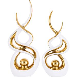 White Gold Abstract Ceramic Sculpture Set of 2 Modern Electroplated Figurines Decorative Statues for Living Room Shelf Mantel Tabletop Home Decor Housewarming Gift (White Gold)