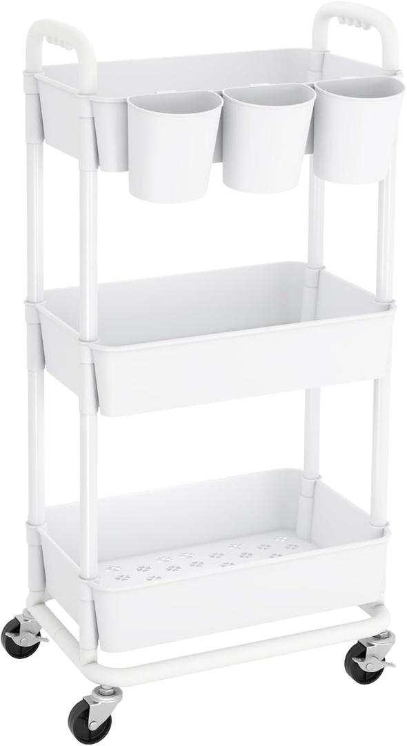 JIUYOTREE 3-Tier Plastic Rolling Storage Cart Utility Cart with Extra Hanging Cups Handles Lockable Wheels for Living Room Bathroom Kitchen Office White