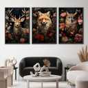 Magical Forest Animal Canvas Wall Art Flowers And Wild Animals Prints Wall Decor Dark Cottagecore Posters Gothic Vintage Botanical Floral Painting Picture Nature Room Decor Bedroom Decoration Unframed