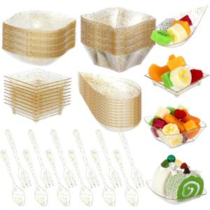 Tessco 200 Pcs Mini Appetizer Plates with Spoons Forks Disposable Mini Dessert Plates Plastic Appetizer Bowls Tiny Individual Serving Trays for Party(Gold Glitter,Classic)