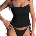 ZAFUL Tankini Swimsuits for Women Mesh Hollow-Out Tank Style Bow Knotted Decor Tie Side High Cut Tankini Set S