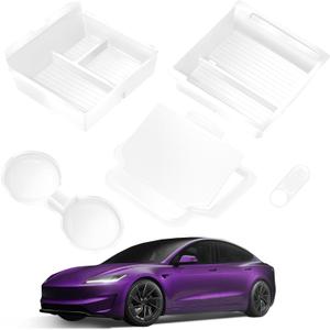 Center Console Organizer Tray for Tesla Model Y Juniper Accessories 2025 2026/For Tesla Model 3 Highland Accessories 2024 2025 2026 [Slide Smoothly/US Patent] Cup Holder White