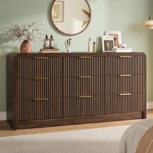 Decofy Fluted 9 Drawers Dresser, 63'' Wide Modern Chest of Drawers with Round Edge & Metal Handle, Wood Drawer Organizer for Bedroom, Living Room, Walnut