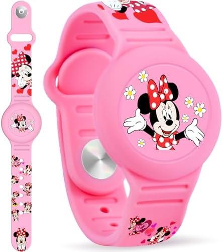 Waterproof Airtag Bracelet for Kids, Cute Cartoon Silicone Air Tag Holder Hidden Design, Light Weight Compatible with Apple AirTag Wristband for Child, Pink