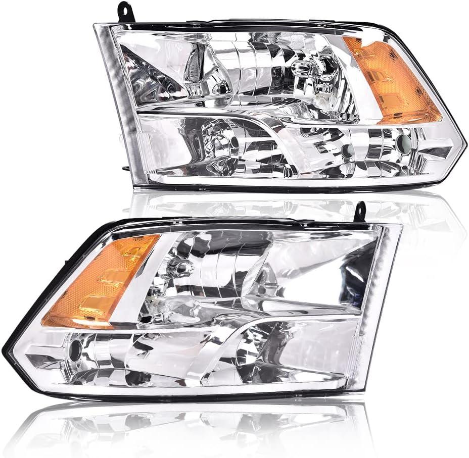 PIT66 Headlight Assembly Compatible with 2009-2012 Dodge Ram 1500 2500 3500 (Only Fits for Quad Headlamps Models) Clear lens Chrome Housing Amber Reflector (Not Fit Dual Beam, Not Fit One Hole)