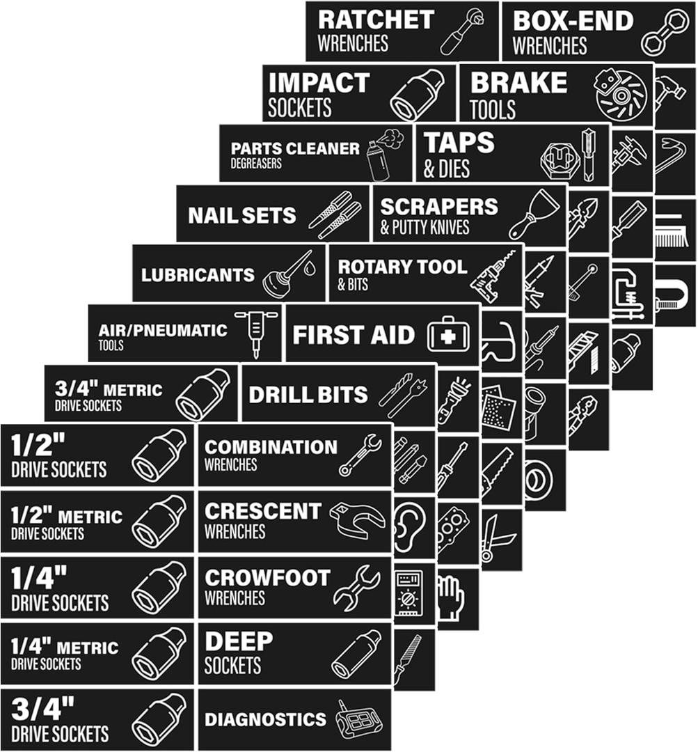 80 Pcs Toolbox Organization Magnetic Labels - Reusable, Waterproof Toolbox Organizer Labels for Steel Toolbox Drawers, High Visibility Toolbox Widget Stickers Accessories, Black, 3.1''x1''
