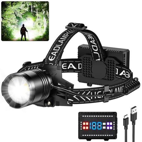 Cinlinso Rechargeable Headlamp Super Bright 99000 Lumens, LED Head Lamp with 4 Modes, 90° Adjustable Head Lights for Forehead, IPX6 Waterproof HeadLamps for Adults Camping Hunting Hiking