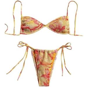 SOLY HUX Women's Triangle Bikini Set Textured Smocked String Swimsuit Boho Two Piece Bathing Suit, M