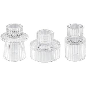 Double Sided Vintage Ribbed Taper Glass Candle Holders, Tea Candle Holder for Table Centerpieces, Wedding Decorations and Dinner Parties (Clear, 3 PCS)
