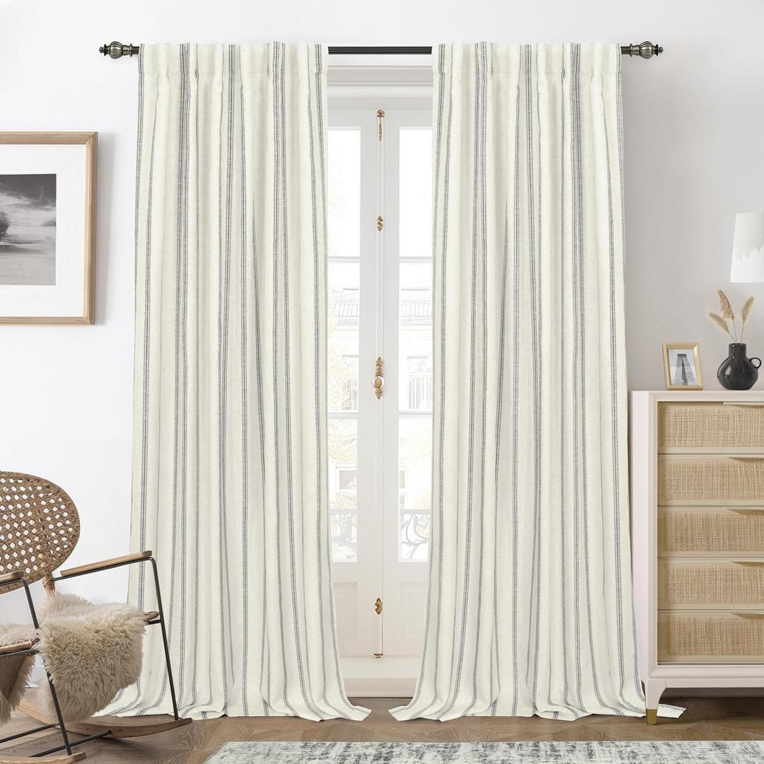 DriftAway Farmhouse Linen Blend Blackout Curtains 84 Inches Long for Bedroom Vertical Striped Printed Linen Curtains Thermal Insulated Lined Treatments for Living Room 2 Panels W52 x L84 Linen Grey (Gray Stripe-back Tab)