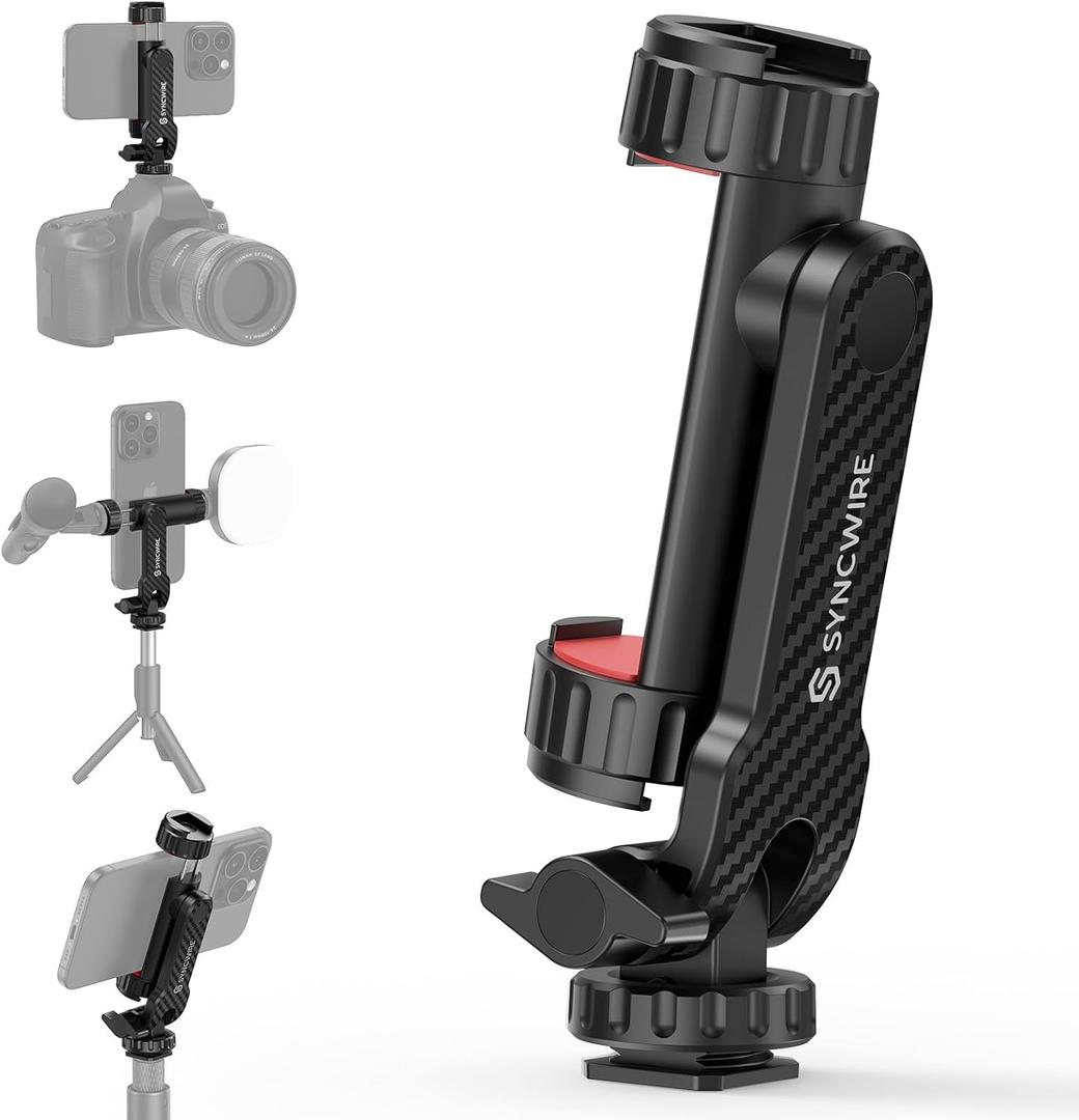 SYNCWIRE Tripod Phone Mount, Universal Smartphone Mount Adapter with 2 Cold Shoe and 1/4" Screw, 360 Rotates and 180 Tilts Adjustable Cell Phone Clamp Holder for Enhancing Mobile Photography Setup