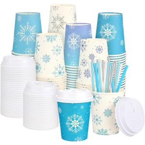 48 Sets 9 oz Christmas Snowflake Disposable Coffee Cups Hot Coffee Paper Cups with Lids and Straws Bulk Disposable Espresso Tea Mug for Christmas Holiday Party Supplies
