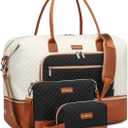 Weekender Bags for Women, Travel Duffle Bag Carry On Overnight Bag with Cosmetics Bag and Crossbody Purse for Gym Hospital, Gifts for Women, Beige/Black/Brown