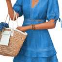 SOLY HUX Women's Summer Dress Hollow Out Lace V Neck Puff Short Sleeve A Line Layered Short Dresses, Medium