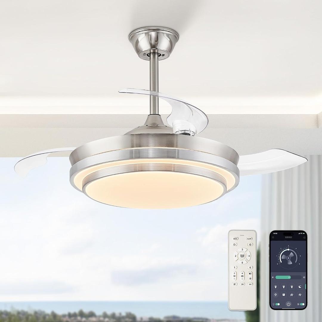LEDIARY Retractable Ceiling Fans with Lights and Remote, 42 Inch Fandelier Ceiling Fans with LED Lighting, Smart Modern Ceiling Fan, Stepless Color Changeable, Dimmable, Timer Setting, Brush Nickel