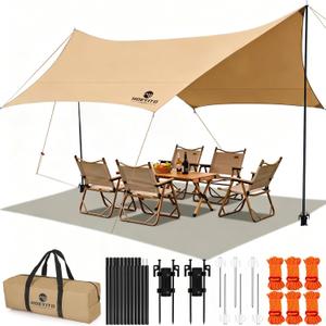Camping Tarp with Poles & Retainer, 14.5x11FT PU9000mm Waterproof 210D Oxford Cloth Camping Awning, UV Blocking Rate 99.99% Camping Canopy Tent Tarp for Outdoor, Hammock, Car, Picnic (Khaki), 14.511FT