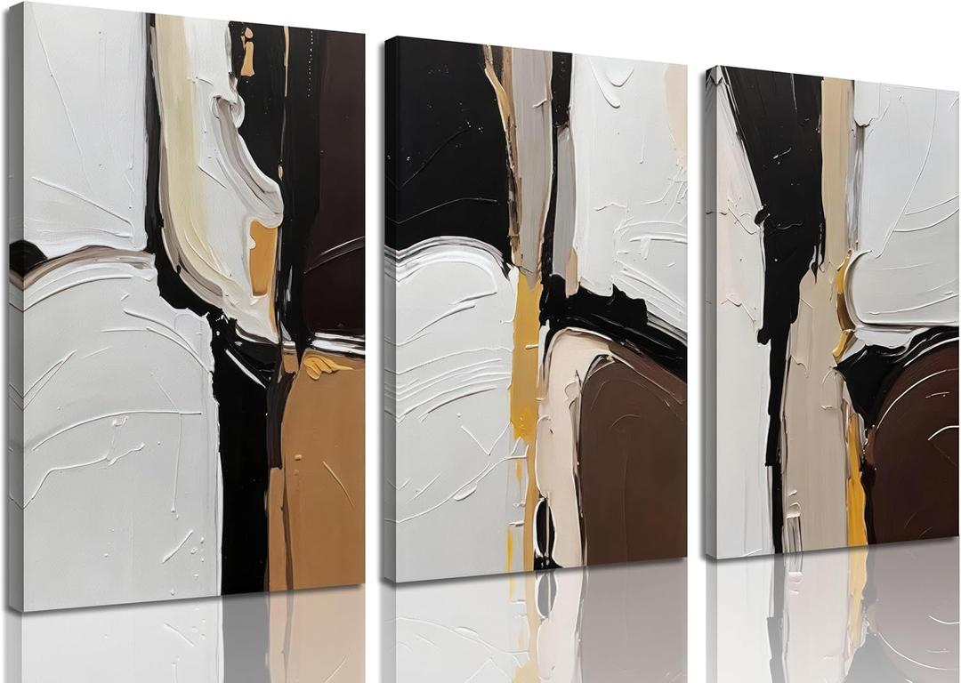 3Pcs Framed Black And White Neutral Abstract Canvas Wall Art Modern Minimalist Abstract Wall Decor Pictures Brown Black Posters Prints for Living Room Bedroom Office Home Decoration 16x24in