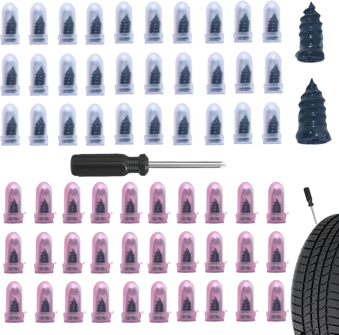 61 PCS Tire Repair Rubber Nail Kit, Vacuum Tire Repair Kits Spiral Rubber Screws, Fast Self-Service Tool for Car, Truck, Motorcycle, Tractor Tire Puncture Repair (Screwdriver included)