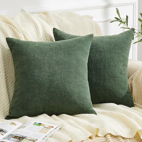 GAWAMAY Decorative Square Throw Pillow Covers 20"x20" Inch Set of 2, Super Soft Chenille Pillows Farmhouse Pillowcase for Living Room Bedroom Sofa Couch Cushion Cover Dark Green 50x50cm (No Insert)
