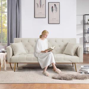 Futon Sofa Bed with Adjustable Backrest, Convertible Loveseat Couch for Small Spaces, Living Room or Office, Foldable Accent Sofa&Couch w/Reclining Angles and Metal Legs, 300 lbs / Seat Capacity (Beige 71 in)