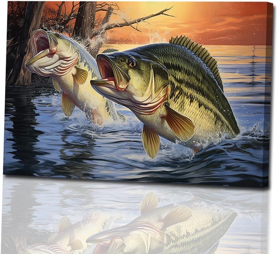 Bass Fish Canvas Wall Art Large Mouth Fish Jumping Picture Wall Art Animal on Ocean Painting Prints for Bathroom Decor Framed(Animal-1,16x24inch (40x60cm))