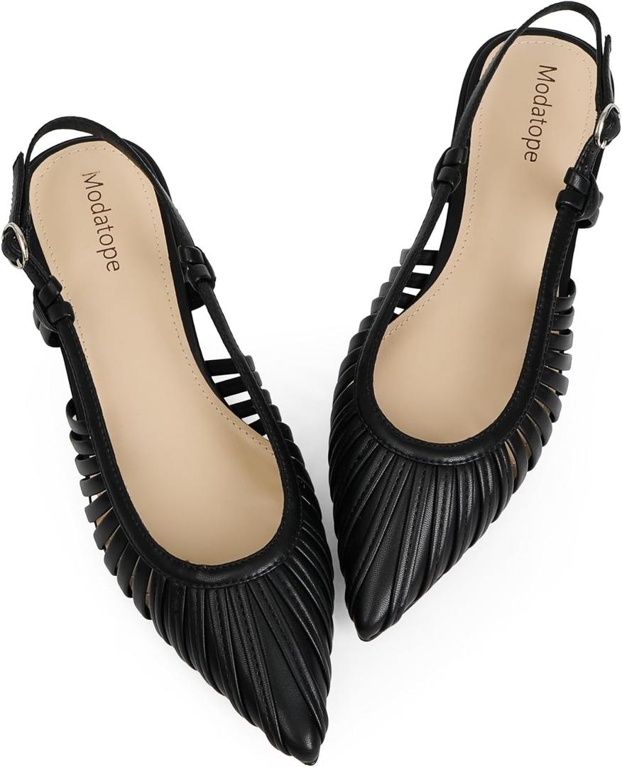 Modatope Slingback Flats for Women Pointed Toe Ballet Flats Classic Low Heel Sandals Dress Shoes, 10