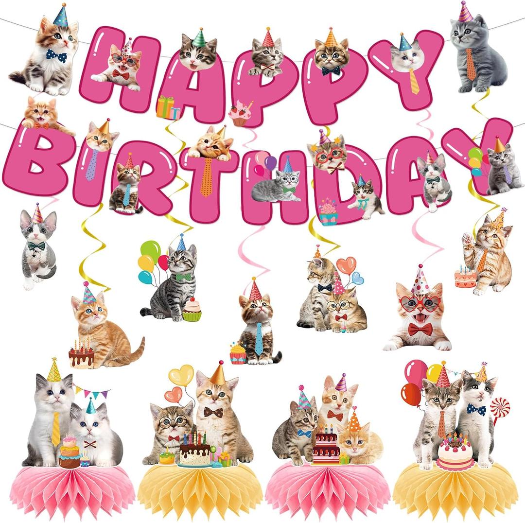 Cat Birthday Party Decorations - 13 Pcs Pre-Strung Lovely Cat Theme Pink Banner Hanging Swirls Honeycomb Centerpiece Set , Happy Birthday Party Decor Supplies for Pet Cats Kids Girls