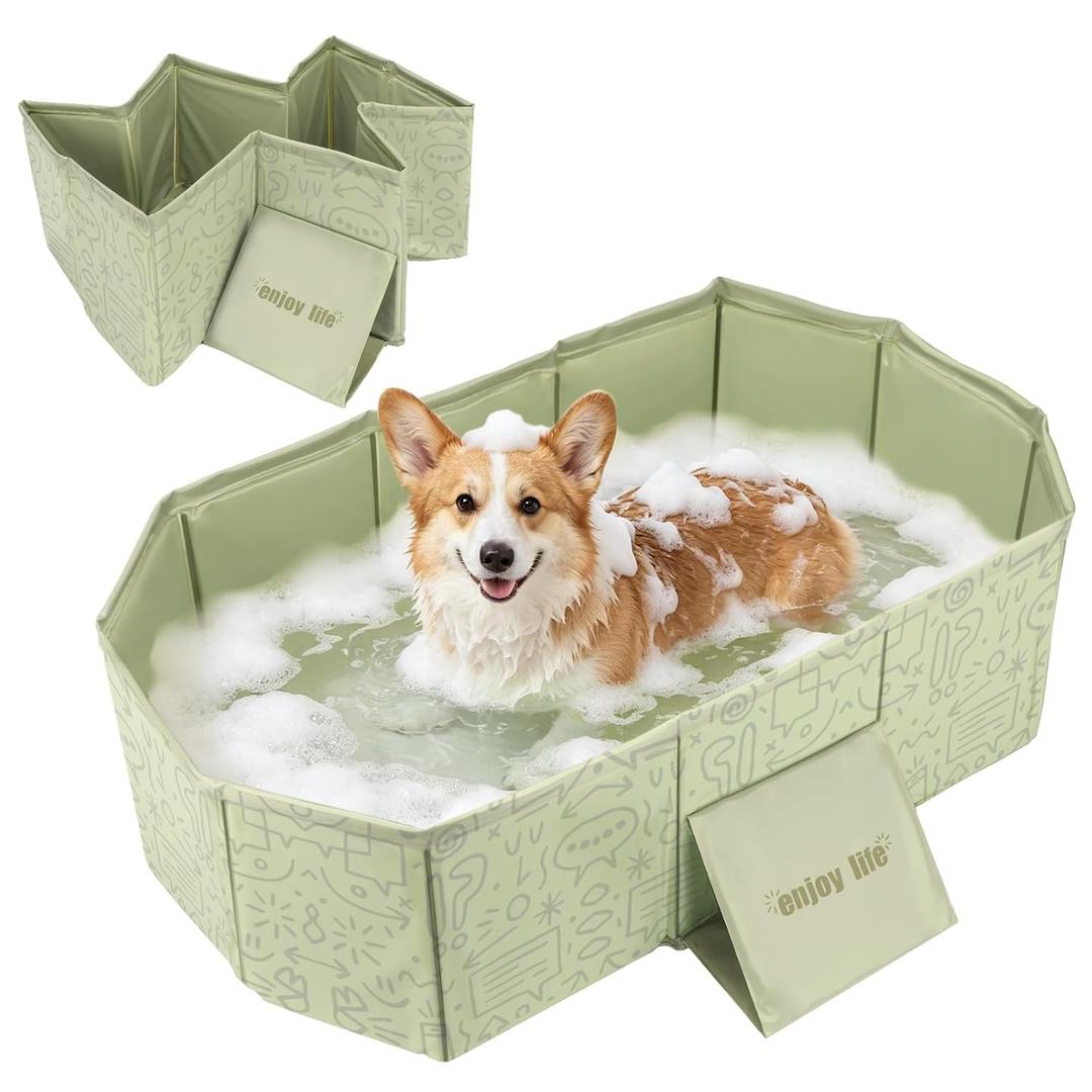 Foldable Dog Bathtub for Small to Medium Dogs & Cats, Portable Dog Tub with Drain Plug & Non-Slip PVC Bottom, Use as Shower Pet Bathtub or Puppy Pool, Fold Flat for Easy Carry & Storage (Green)