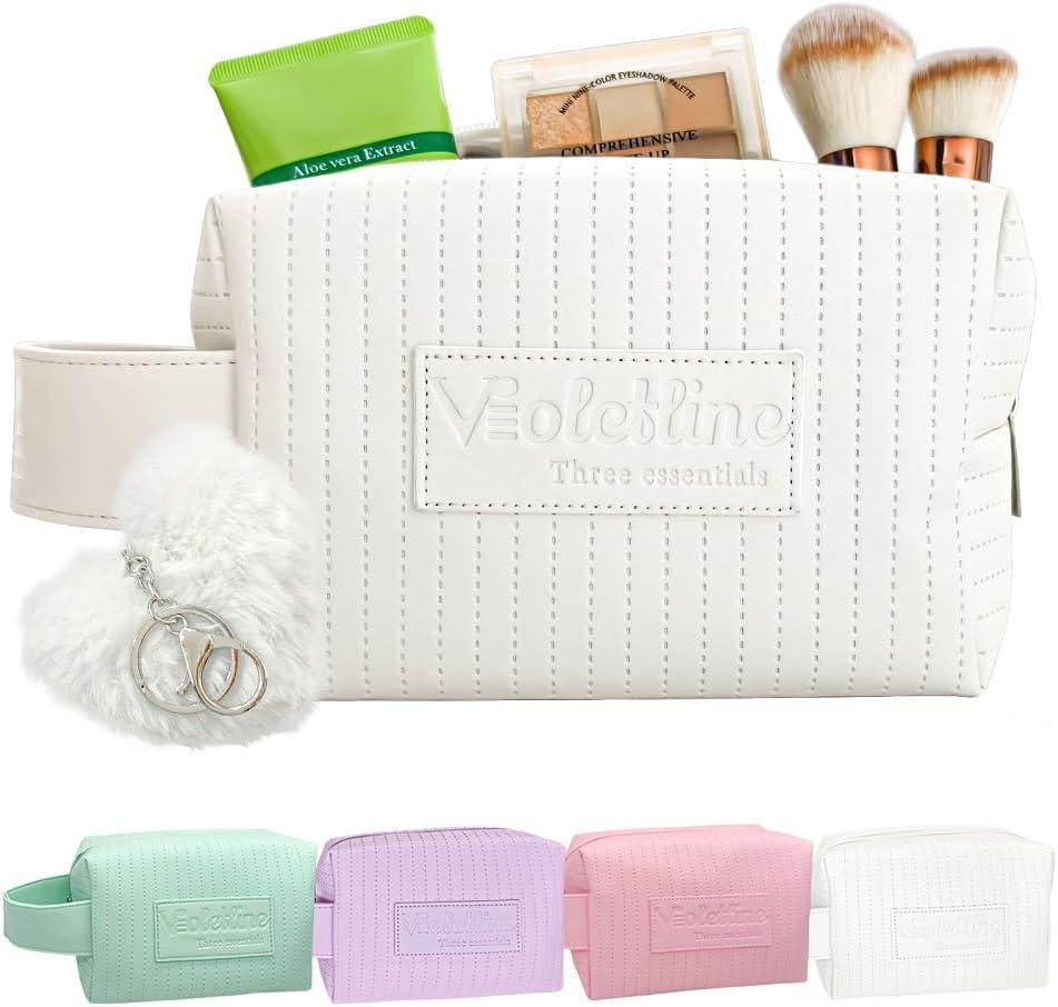 Travel Makeup Bag, Large Capacity Cosmetic Bag for Women, Water resistant Portable Pouch Open Flat Toiletry Bag Makeup Organizer with Handle (White)