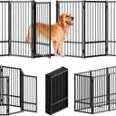 Full Metal Freestanding Dog Gate with Door, 32''Height Foldable Pet Dog Fence for Indoor & Outdoor, 8 Panels Extra Wide Free Standing TallDog Gates for Doorways, House, Stairs, Porch, Deck,Yard (Black)