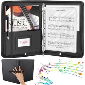 Sheet Music Folder, 13"x10.2" Choral Muisc Folder with Hand Strap, 3 Ring Music Folder with 30 Music Binder Bag Black PU Leather Choir Folders for Marching Band Piano Fits Letter Size 8.5x11 Inch