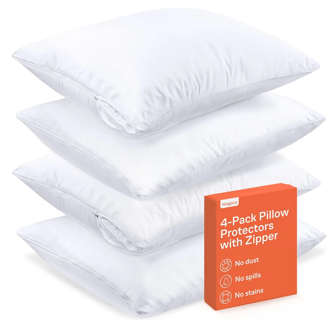 Ultra Soft Pillow Protectors with Zipper Queen Size - Set of 4 Breathable Pillow Covers - 100% Protection Against Stains, Dust & Dirt - Machine Washable (White)
