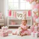 1/2 Birthday Girl Half Birthday Decorations High Chair Banner & Cone Hat Pink Tassel Wood Bead Garland Half Way To One Girl Decorations Cake Smash Photo Props For Six Months