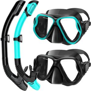 Snorkeling Gear for Adults, Dry-Top Snorkel Set Scuba Diving Mask, 180° Panoramic Wide View Professional Snorkeling Gear, Adult Swimming Goggles with Nose Cover, Breathing Freely Snorkel Mask,  Black & Green