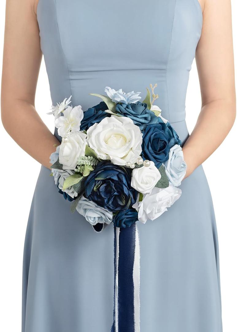 Ling's moment Dsuty Blue Bridal Bouquet for Bride, Navy Blue Wedding Bouquets for Bride Maid of Honor Bridesmaid, 9 Inch Silk Round Artificial Wedding Flowers Bouquets, Small Bridesmaid Bouquet